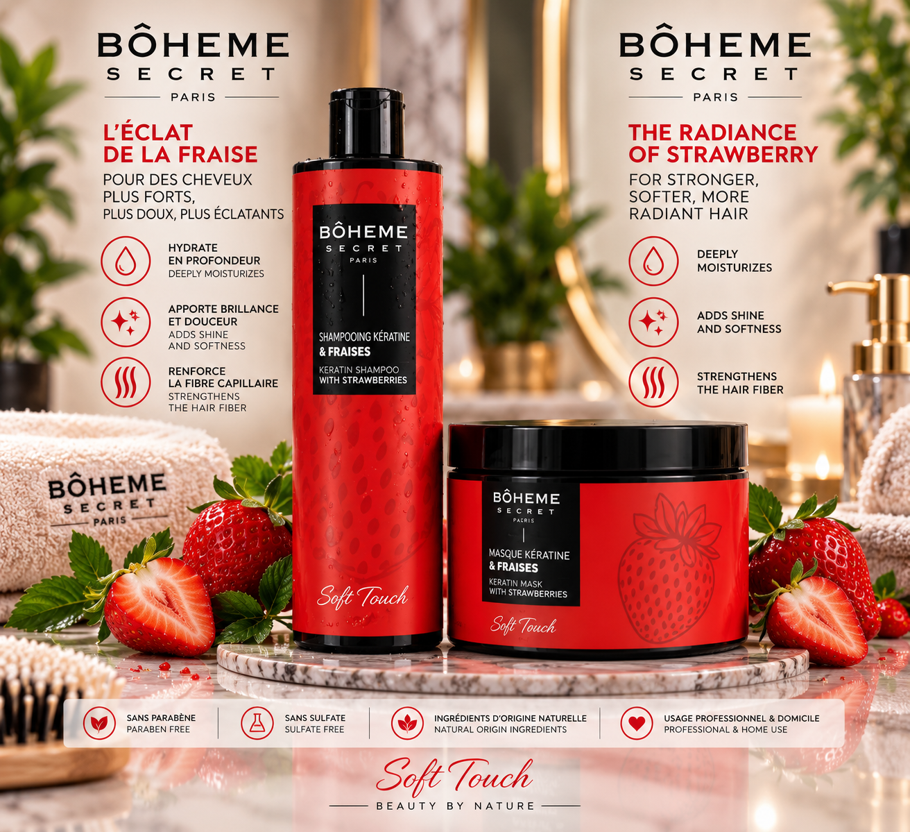 Shampoing & Masque 500ML Kératine Fraise – Bohême Secret
