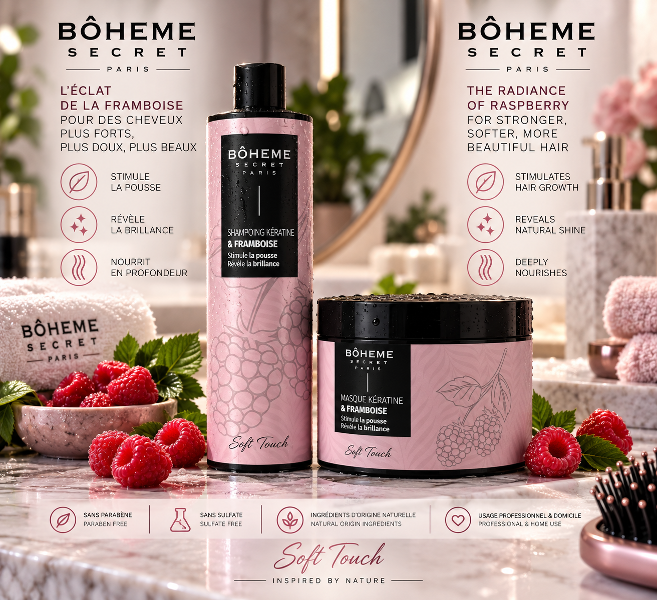 Duo Shampoing & Masque Kératine Framboise – Bohême Secret