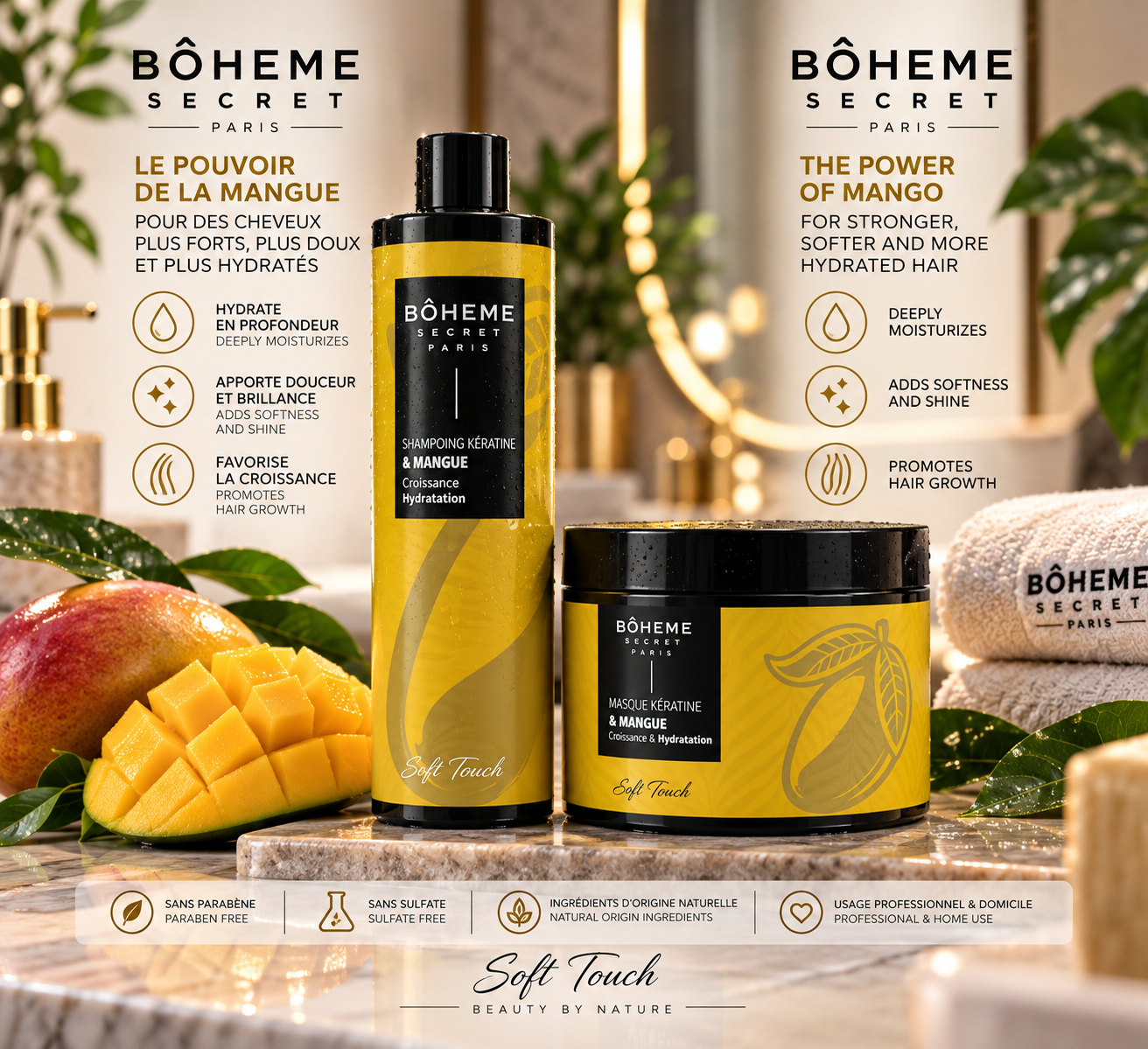 Duo Shampooing & Masque Kératine Mangue – Bohême Secret