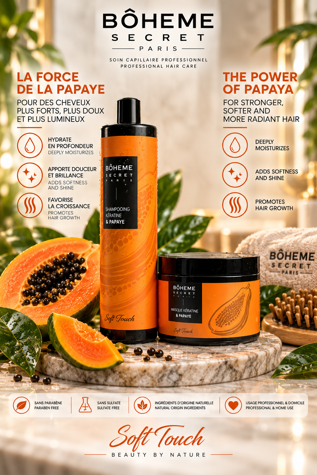 Duo Shampooing & Masque Kératine Papaye – Bôheme Secret 500ML