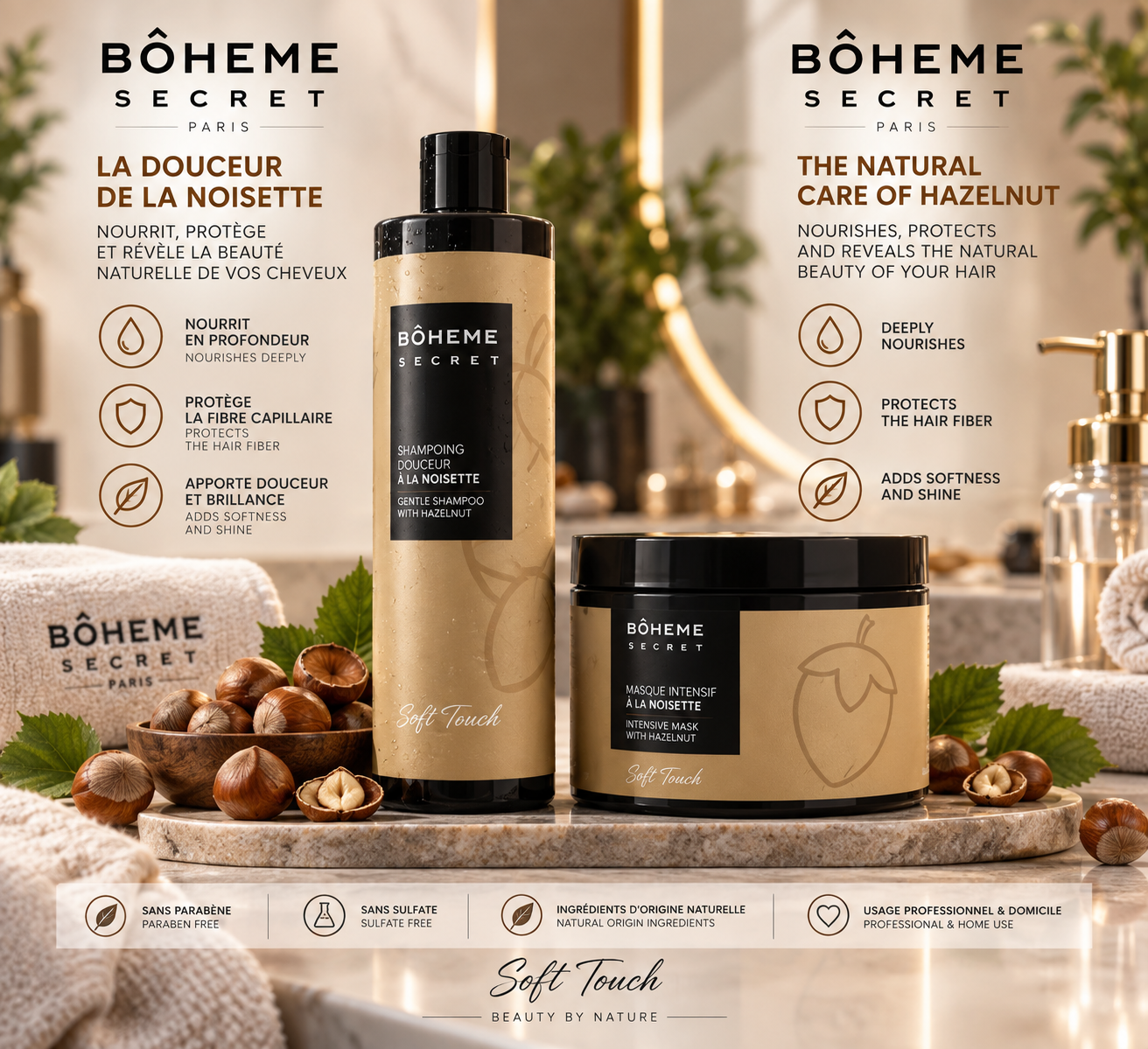 Duo Shampooing & Masque Kératine Noisette – Bôheme Secret 500 Ml