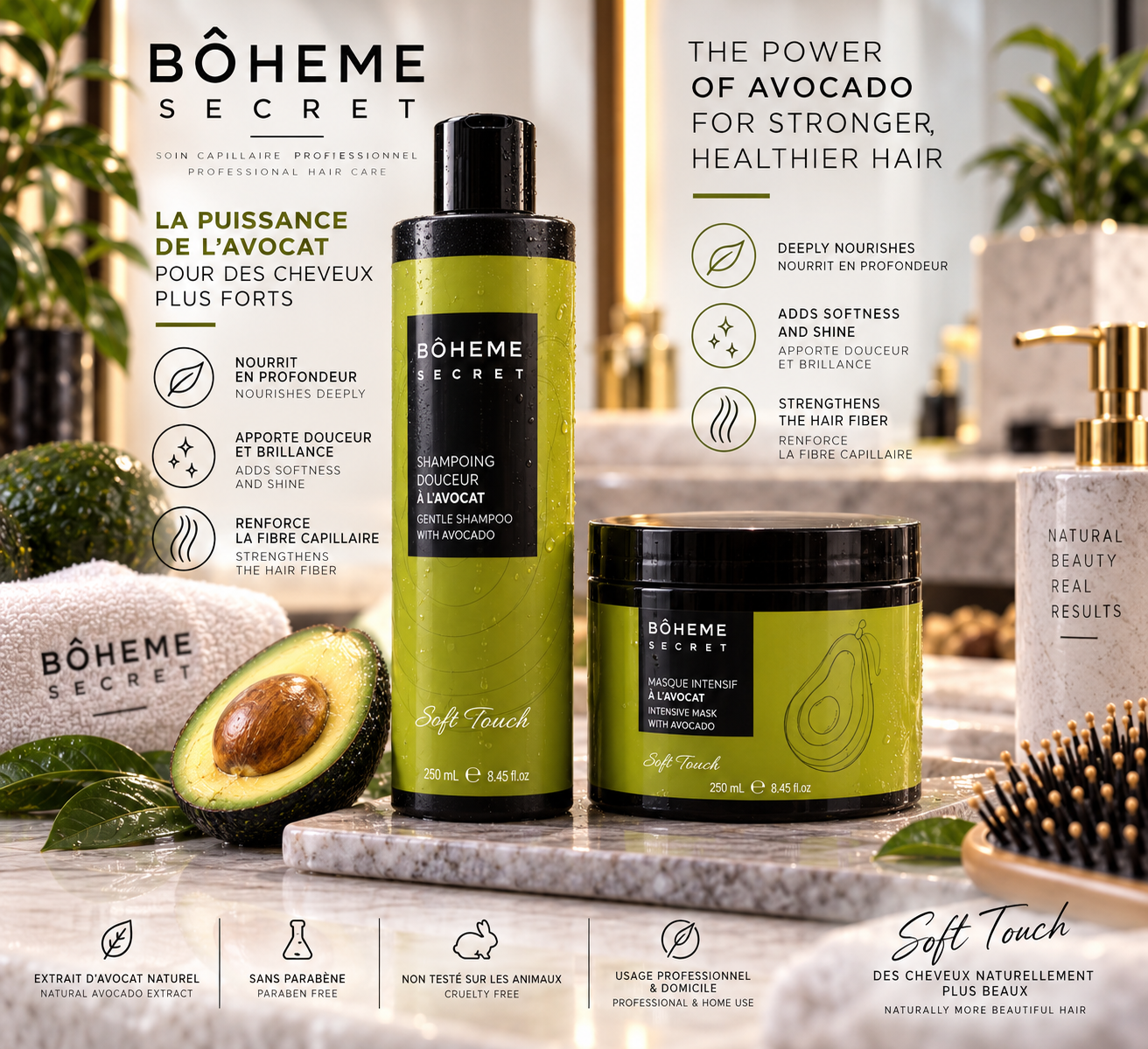 Duo Shampooing & Masque Kératine Avocat – Bohême Secret 500ML