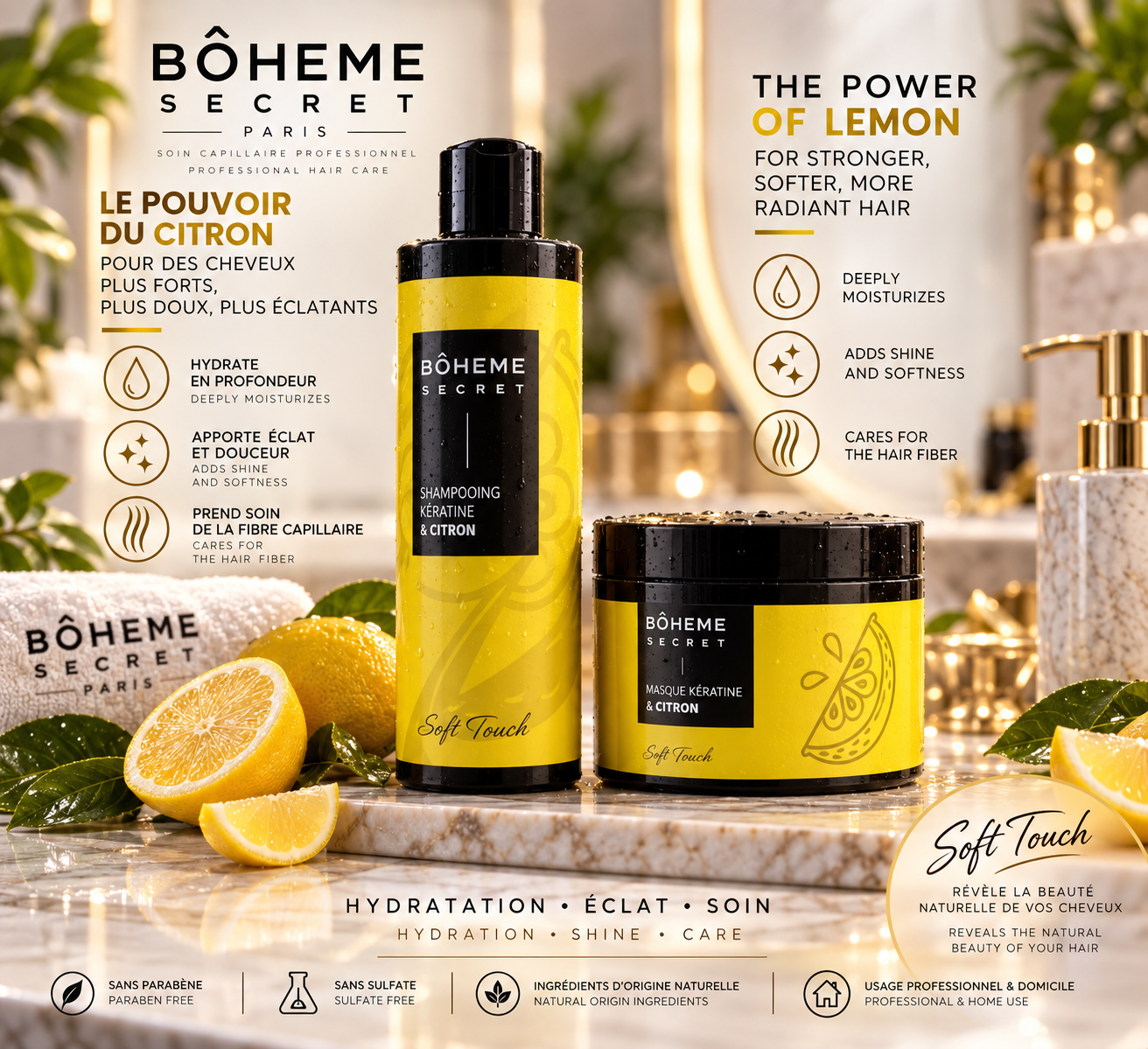 Shampoing & Masque Kératine Citron – Bohême Secret 500ML